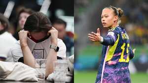 Hincha de Inglaterra y Ana María Guzmán, jugadora de la selección Colombia