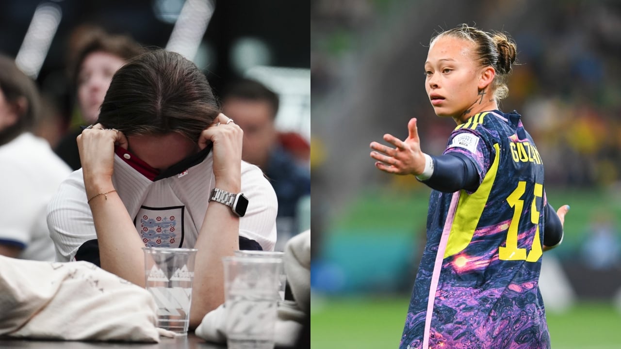 Hincha de Inglaterra y Ana María Guzmán, jugadora de la selección Colombia