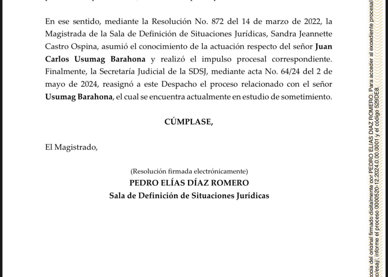 Documento que confirma vinculación del coronel Juan Carlos Usagam, a la Justicia Especial de Paz, que investiga casos de falsos positivos.