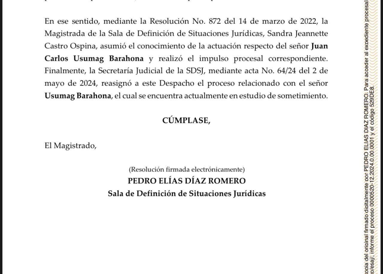 Documento que confirma vinculación del coronel Juan Carlos Usagam, a la Justicia Especial de Paz, que investiga casos de falsos positivos.