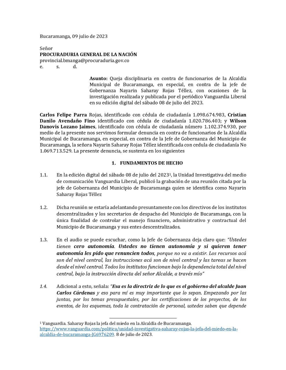 Radicaron queja disciplinaria contra la  jefe de gobernanza de Bucaramanga.