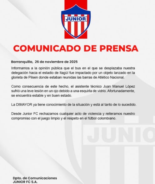 Comunicado oficial del Junior.