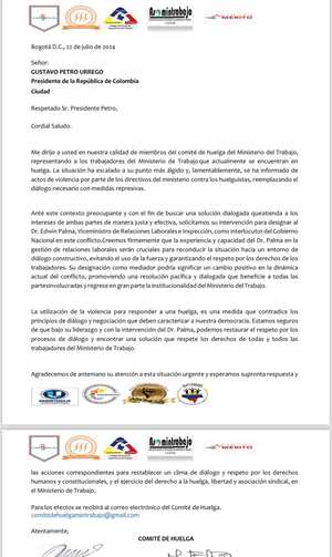 Esta es la carta que los sindicatos dirigieron al presidente Gustavo Petro.