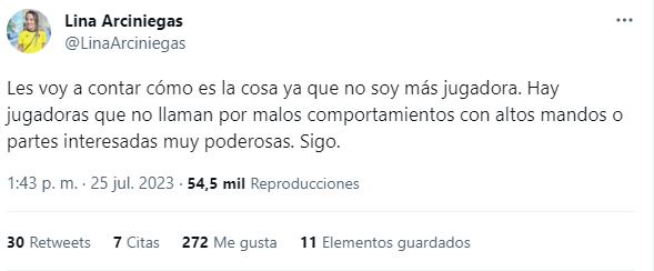 Los Tweets de Lina Arciniegas sobre los 'vetos' en la Selección Colombia Femenina