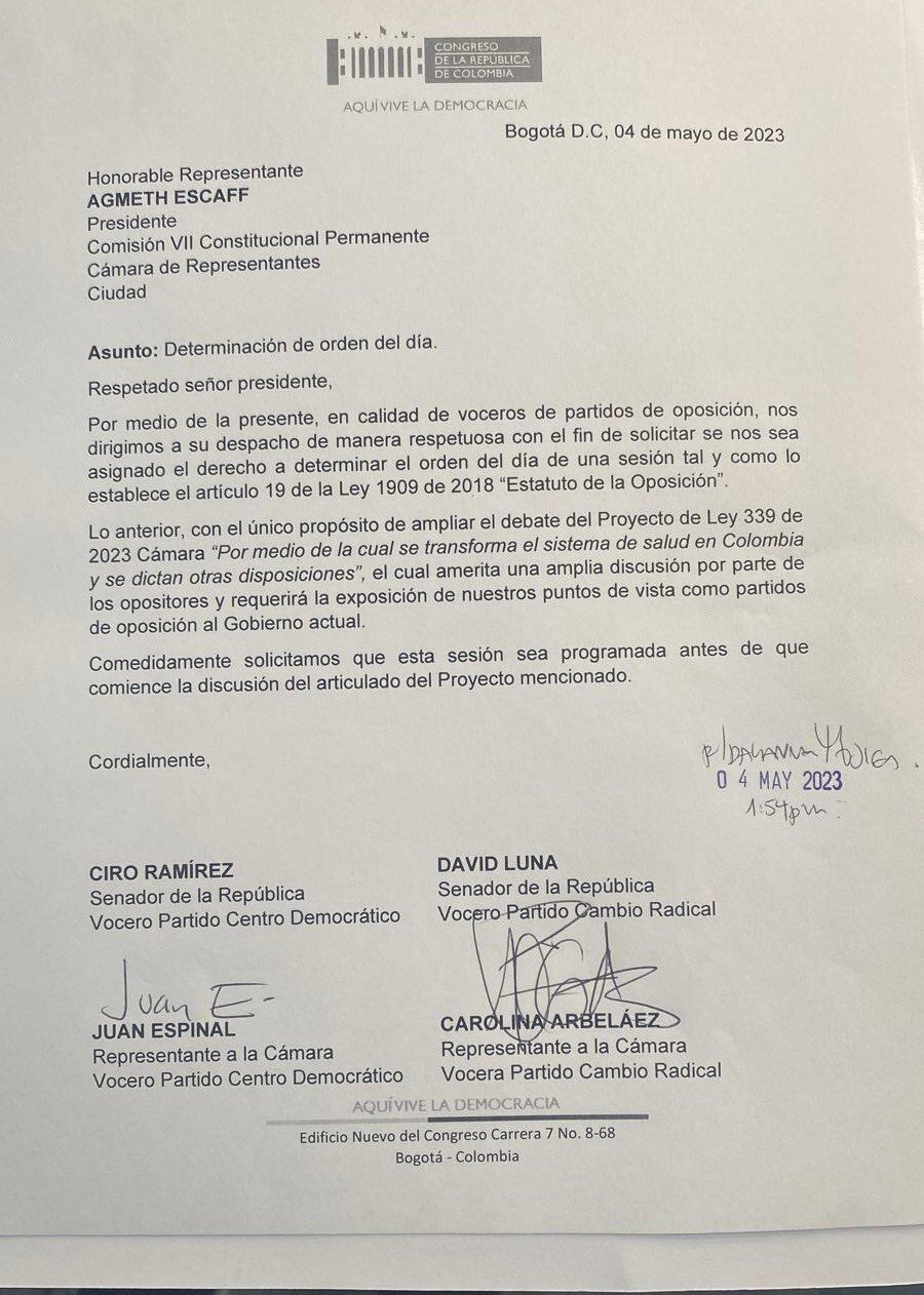 Carta enviada al presidente de la Comisión Séptima de la Cámara de Representantes.