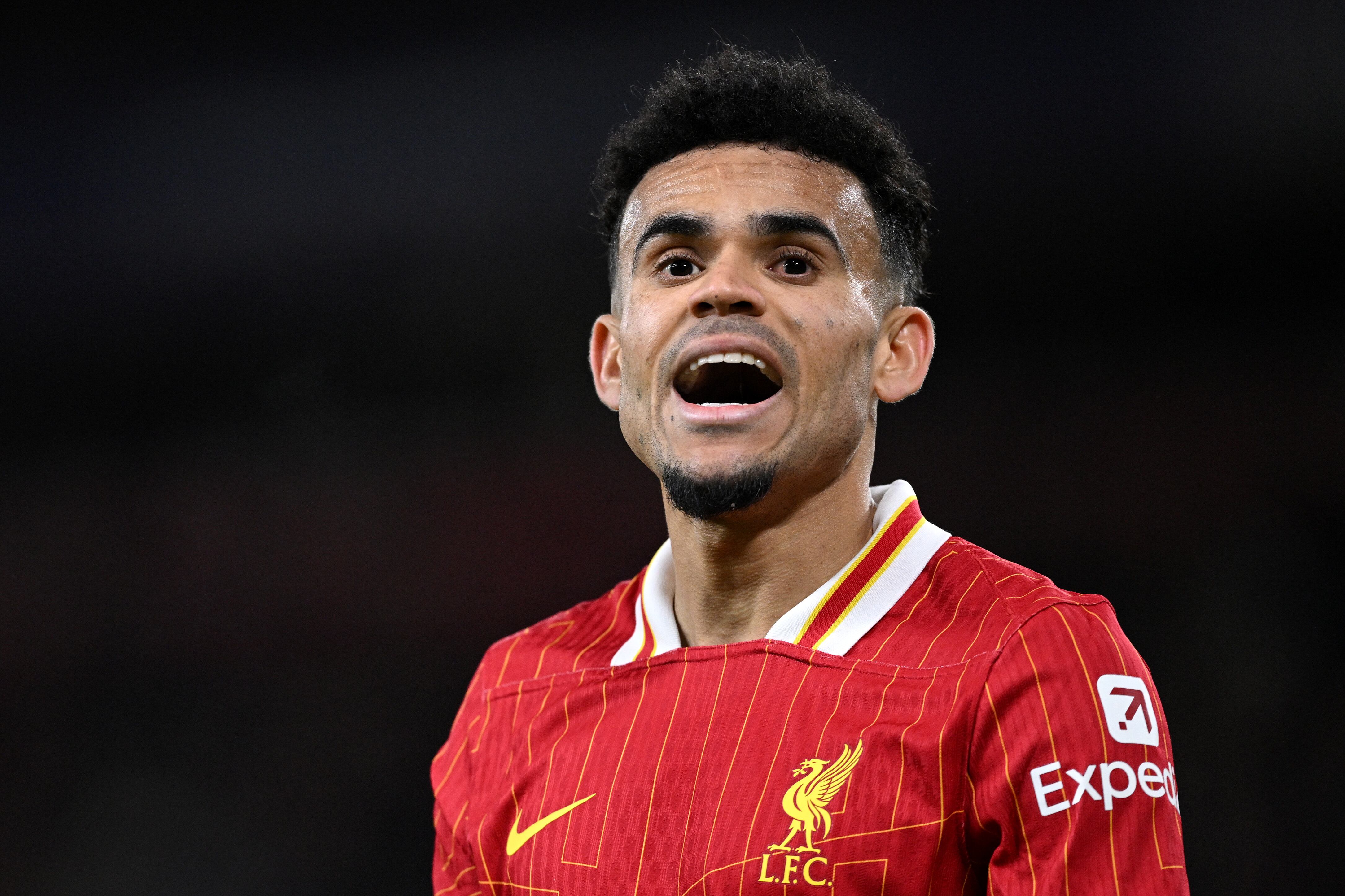 LIVERPOOL, ENGLAND - NOVEMBER 27: Luis Diaz of Liverpool during the UEFA Champions League 2024/25 League Phase MD5 match between Liverpool FC and Real Madrid C.F. at Anfield on November 27, 2024 in Liverpool, England. (Photo by Justin Setterfield/Getty Images)