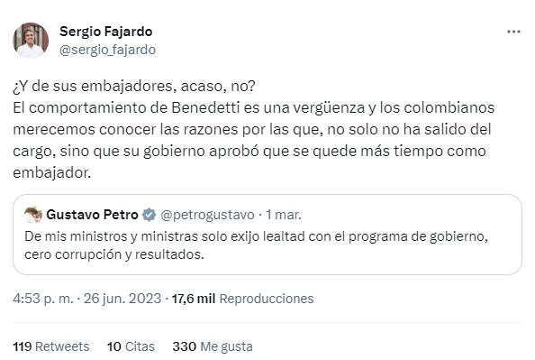 Fajardo le recordó un viejo trino a Petro en el que habla sobre cómo deberían ser sus ministros durante su gobierno.