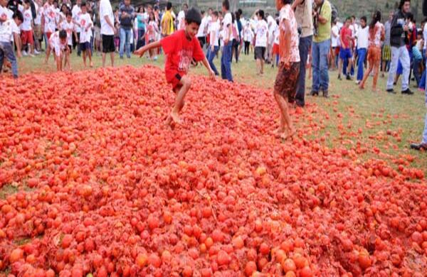 Los niños, los encargados de pisar el tomate para la batalla campal que protagonizarán los adultos.