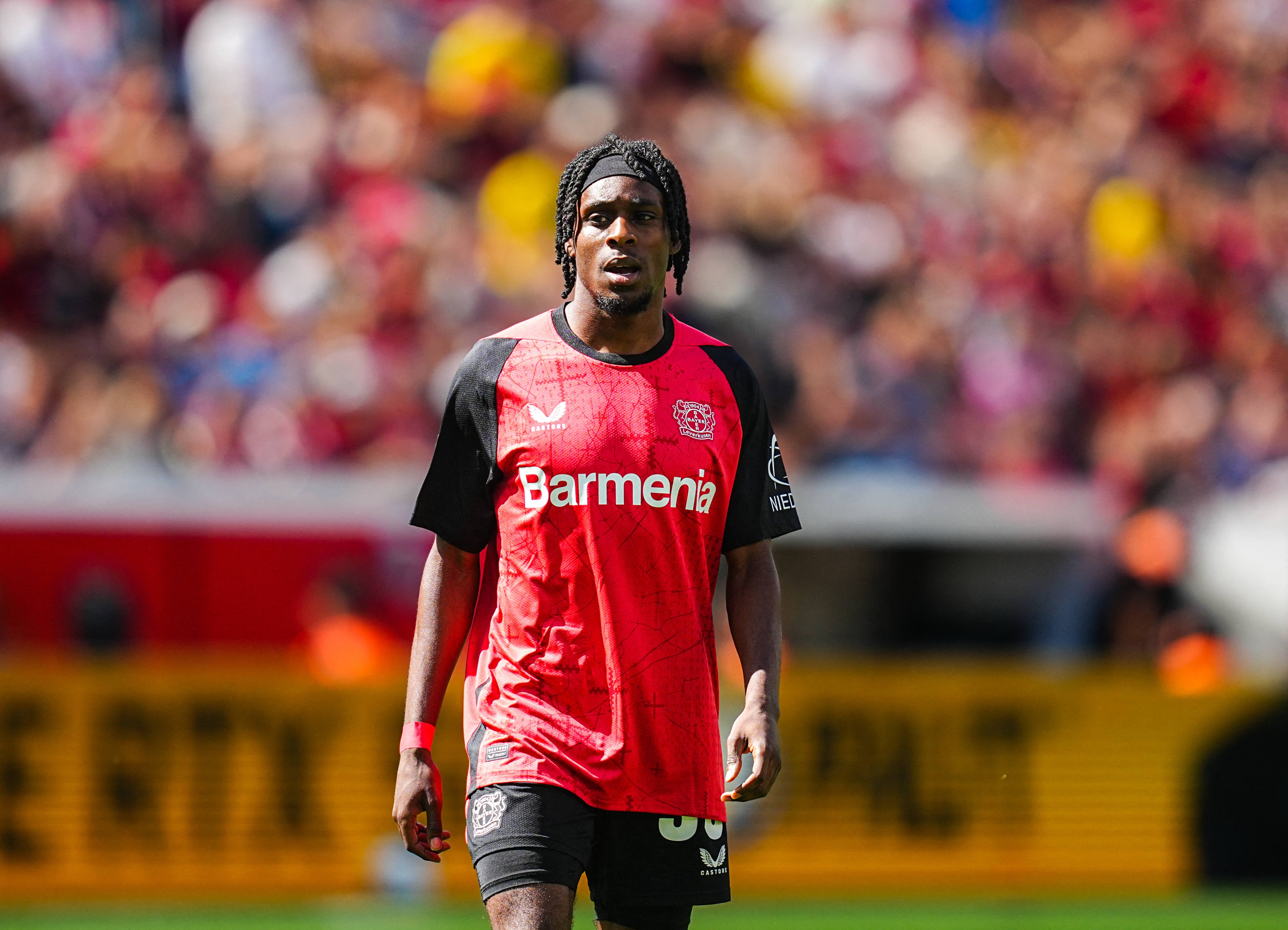 Jeremie Frimpong of Bayer 04 Leverkusen  looks on  during the 1.Bundesliga match between Bayer 04 Leverkusen and Borussia Dortmund at BayArena, Leverkusen, Germany on May 11, 2025.  (Photo by Ulrik Pedersen/NurPhoto) (Photo by Ulrik Pedersen / NurPhoto / NurPhoto via AFP)