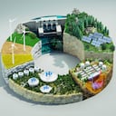 Imagen generada digitalmente de un gráfico circular abstracto de energía sostenible hecho de múltiples tipos de secciones transversales de energía verde: hidroeléctrica, geotérmica, hidrógeno, eólica y solar.