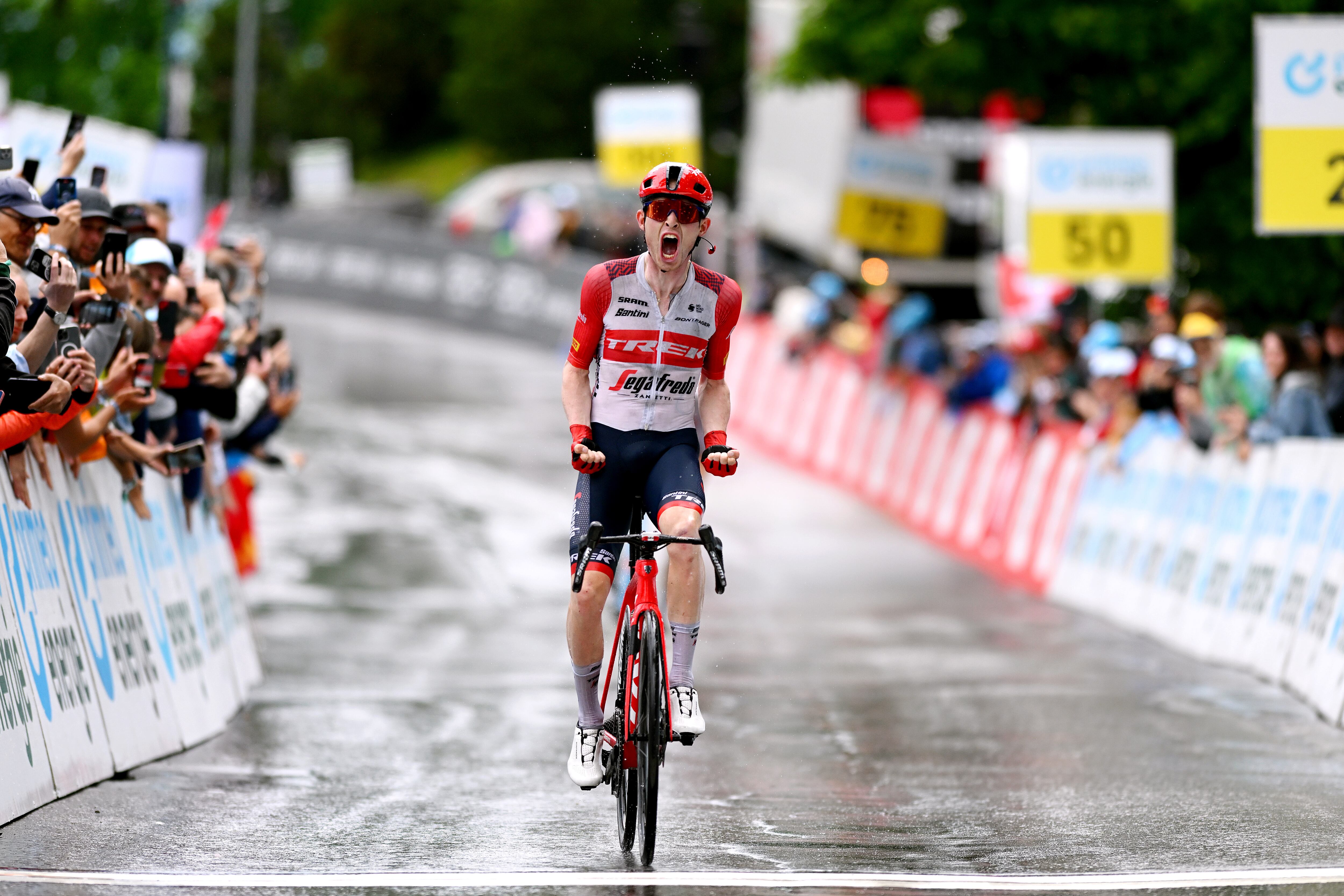 VILLARS-SUR-OLLON, SWITZERLAND - JUNE 13: Mattias Skjelmose Jensen of Denmark and Team Trek-Segafredo celebrates at finish line as stage winner during the 86th Tour de Suisse 2023, Stage 3 a 143.8km stage from Tafers to Villars-sur-Ollon 1256m / #UCIWT / on June 13, 2023 in Villars-sur-Ollon, Switzerland. (Photo by Dario Belingheri/Getty Images)