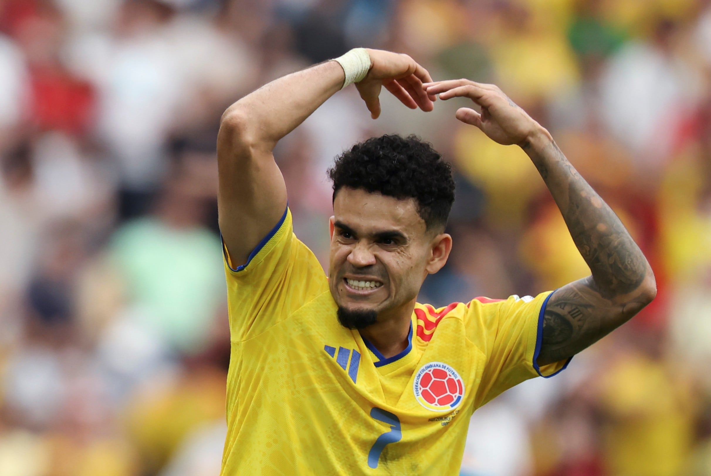 Luis Diaz of Colombia gestures during the round of 16 match between Switzerland and Colombia at the 2026 FIFA World Cup at BC Place Vancouver in Vancouver, Canada, on July 7, 2026. (Photo by Zou Zheng/Xinhua via Getty Images)