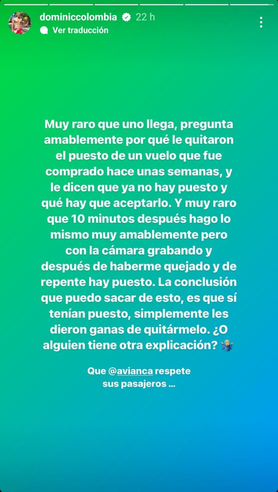 El reclamo de Dominic Wolf contra Avianca. Tomado de @dominiccolombia