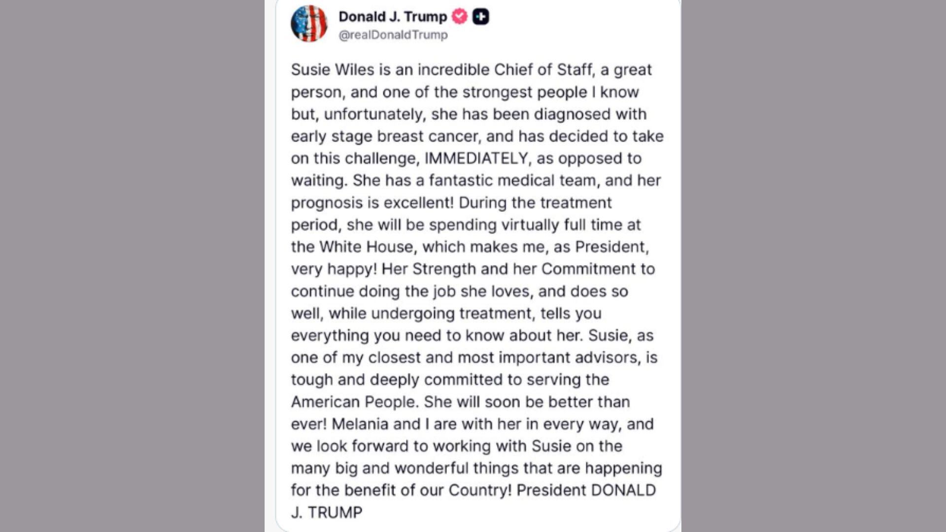 El presidente Trump anuncia que la jefa de gabinete, Susie Wiles, ha sido diagnosticada con cáncer de mama en fase temprana