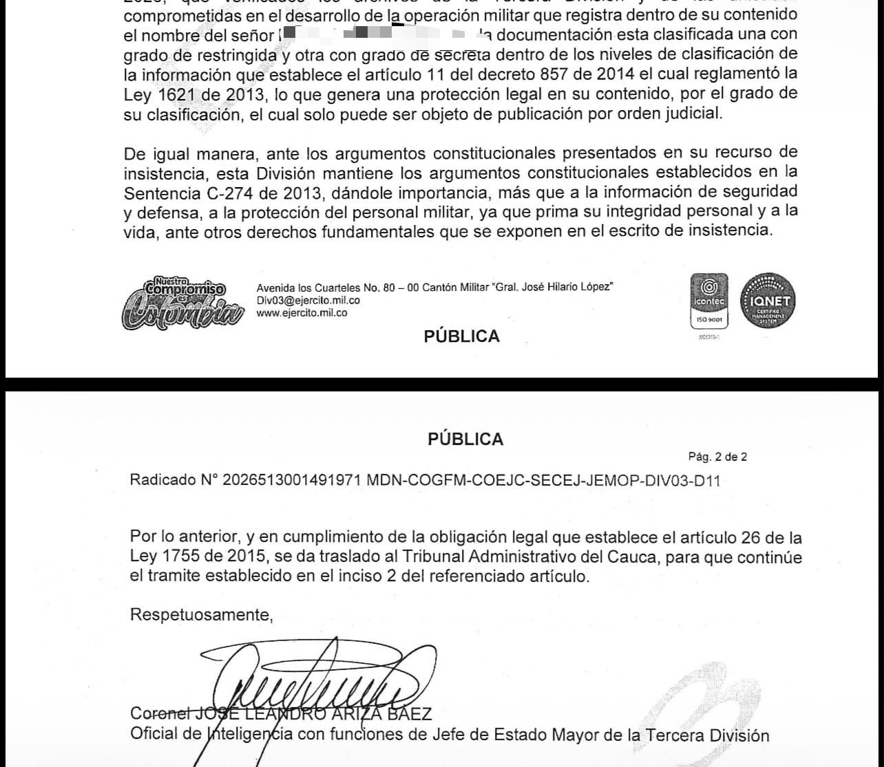 Documento donde el Ejército indica que la información sobre el caso del general Federico Mejía y el presunto traficante de cocaína es secreta.