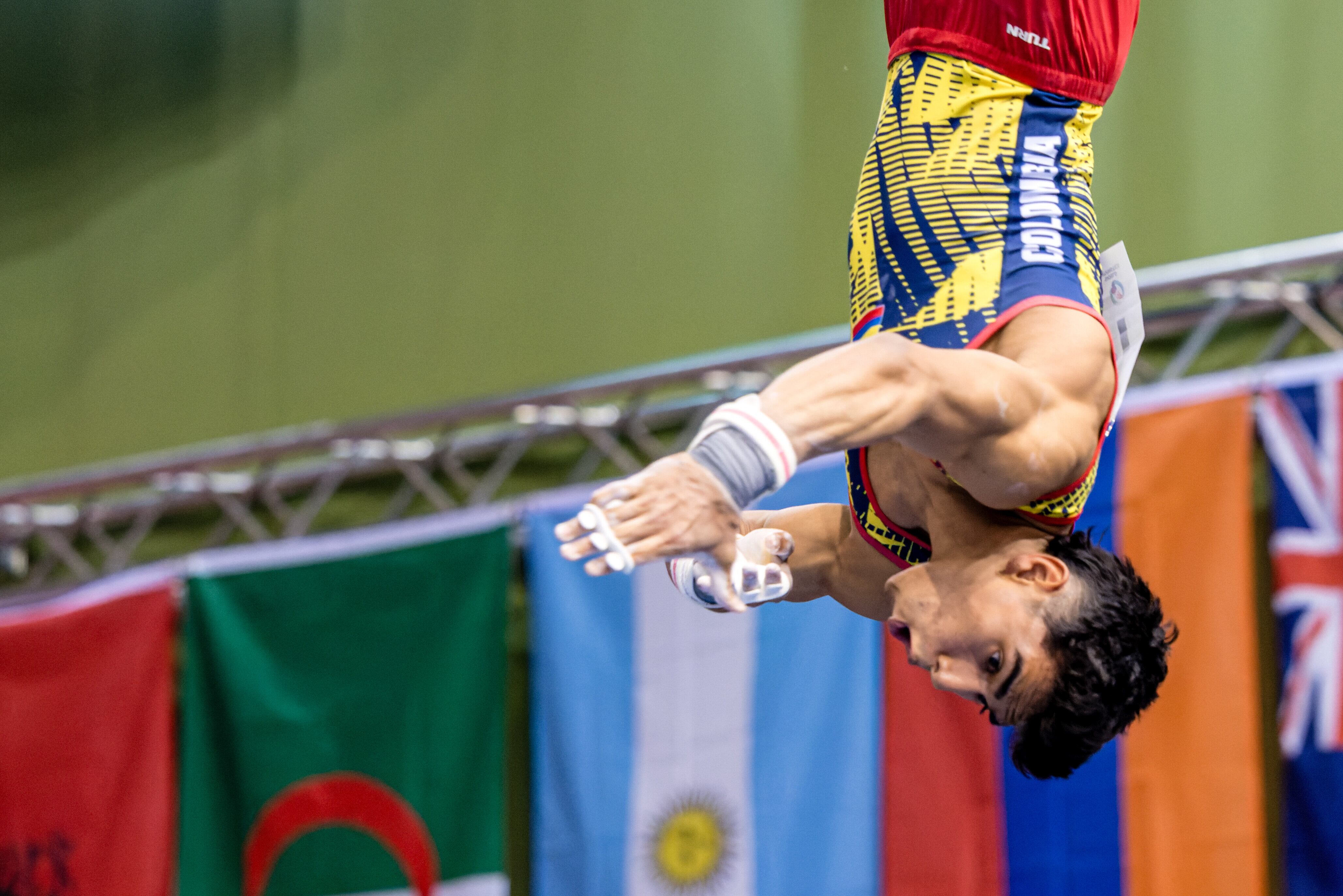 22 February 2026, Brandenburg, Cottbus: Gymnastics: World Cup, Lausitz-Arena, decision high bar men: Angel Barajas from Colombia performs his final routine on high bar. Photo: Frank Hammerschmidt/dpa (Photo by Frank Hammerschmidt/picture alliance via Getty Images)
