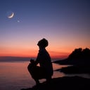 Silueta de un hombre mirando la luna y las estrellas sobre el horizonte del océano.
