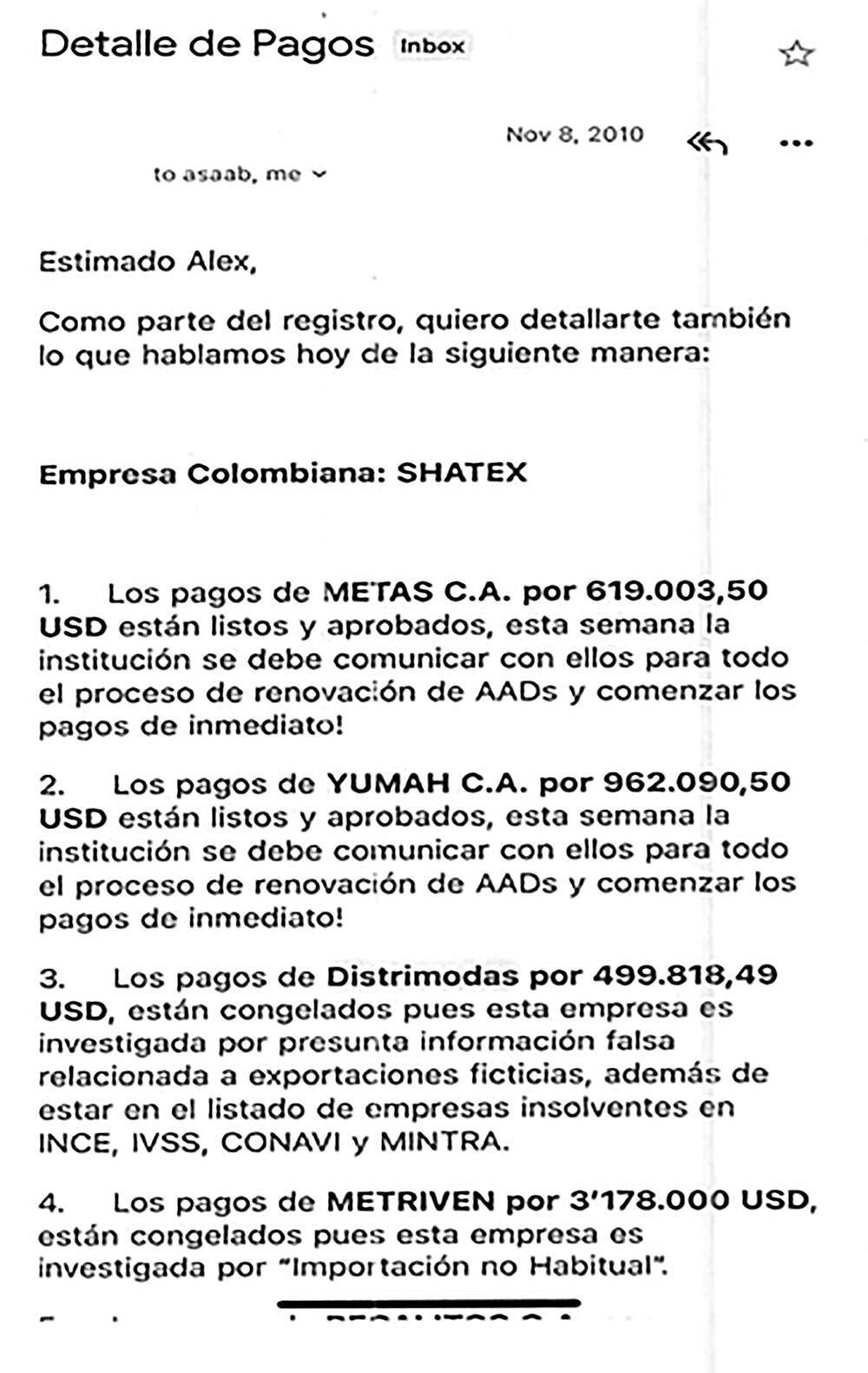     El facsímil de un correo enviado a Álex Saab, rotulado como “detalles de pagos”, en el que aparece la empresa colombiana Shatex, que según la Fiscalía es una firma de papel con exportaciones ficticias por más de 25.000 millones de pesos.