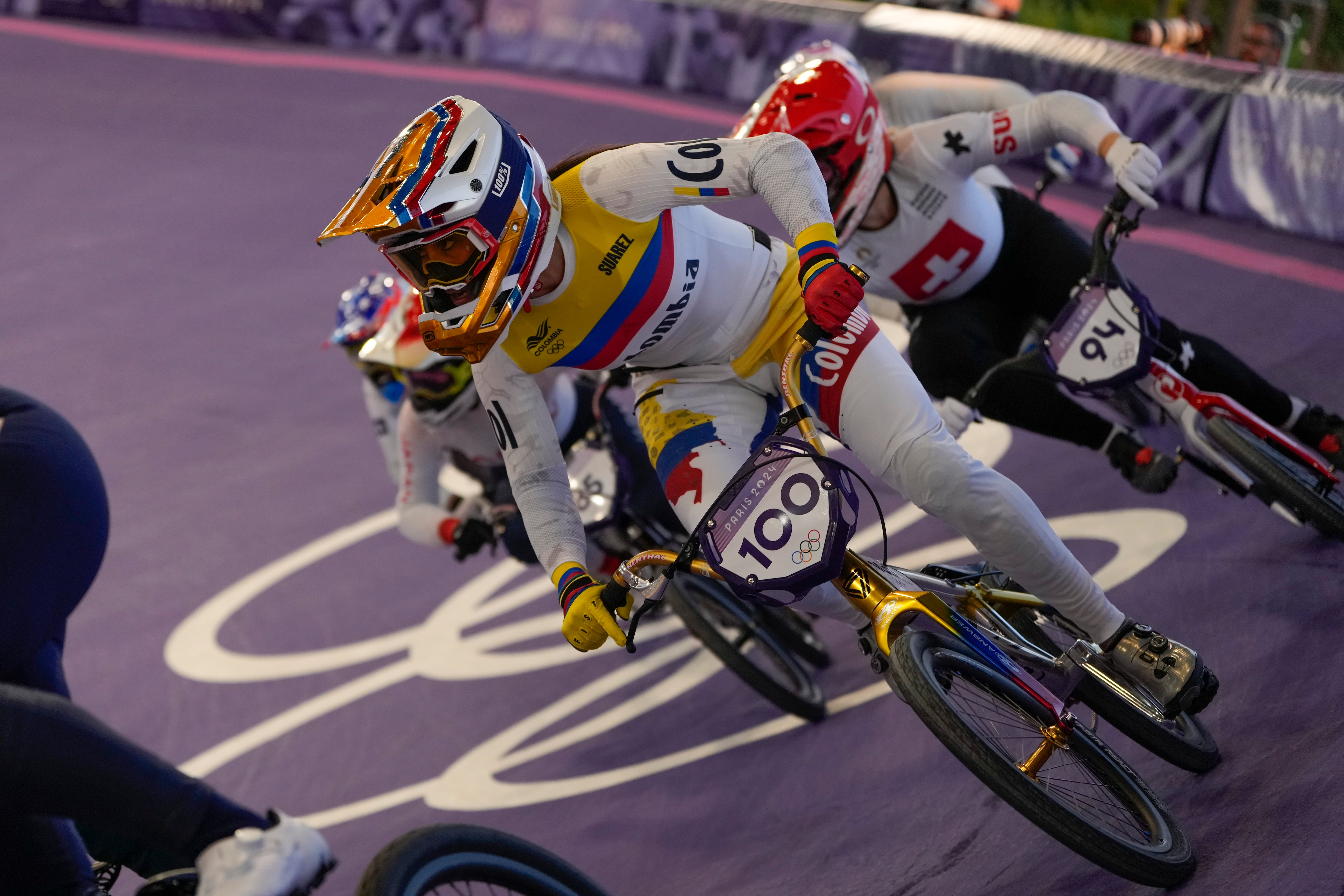 Mariana Pajon Londono of Colombia competes in a BMX racing event, at the 2024 Summer Olympics, Friday, Aug. 2, 2024, in Saint-Quentin-en-Yvelines, France. (AP Photo/Ricardo Mazalan)