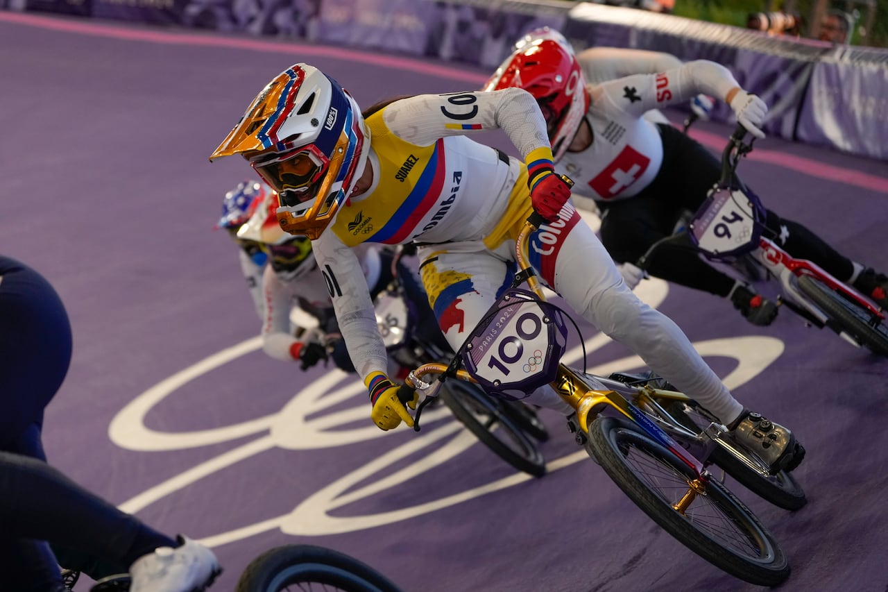 Mariana Pajon Londono of Colombia competes in a BMX racing event, at the 2024 Summer Olympics, Friday, Aug. 2, 2024, in Saint-Quentin-en-Yvelines, France. (AP Photo/Ricardo Mazalan)