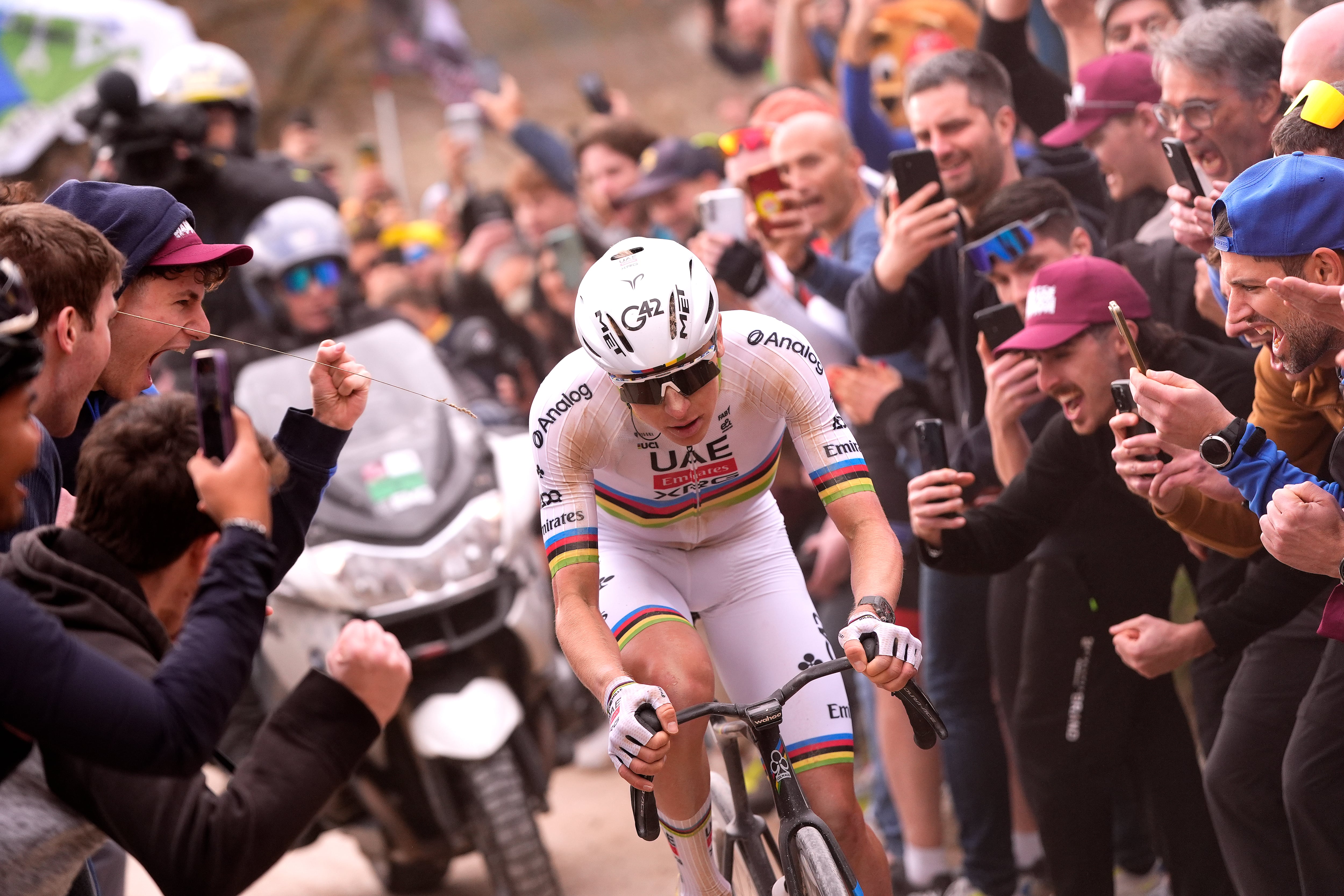 SIENA, ITALY - MARCH 07: Tadej Pogacar of Slovenia and UAE Team Emirates - XRG competes in the breakaway while fans cheers during the 20th Strade Bianche 2026 a 203km one day race from Siena to Siena / #UCIWT / on March 07, 2026 in Siena, Italy. (Photo by Fabio Ferrari - Pool/Getty Images)