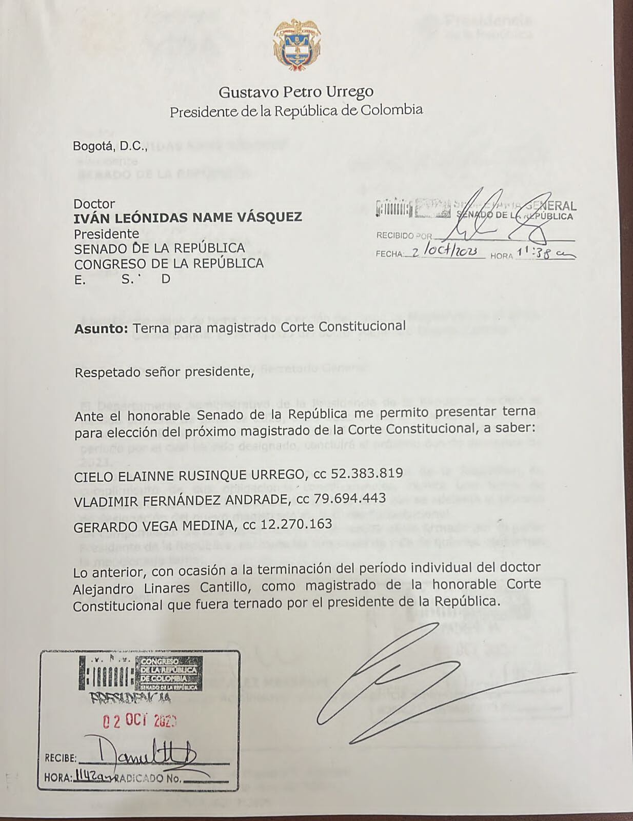 La carta del presidente Gustavo Petro a Iván Name.
