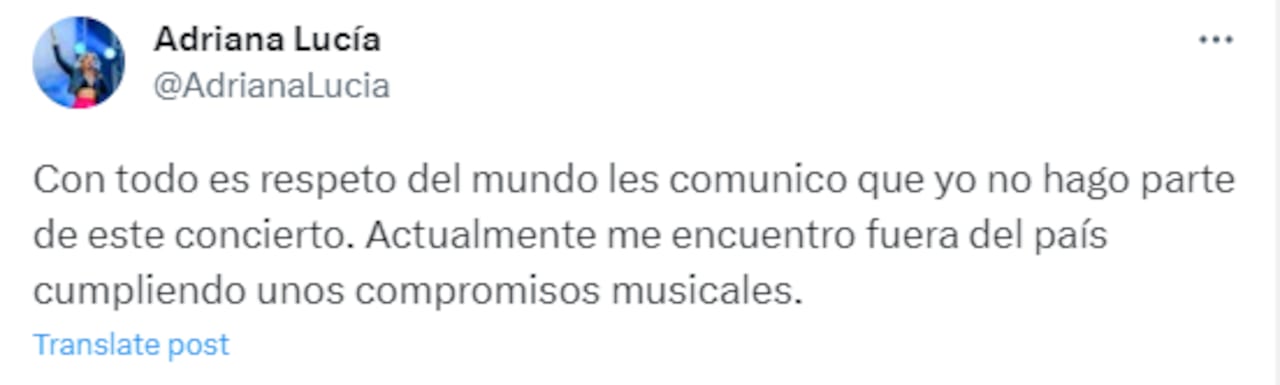 Mensaje de Adriana Lucía sobre el concierto al cual no hará parte.