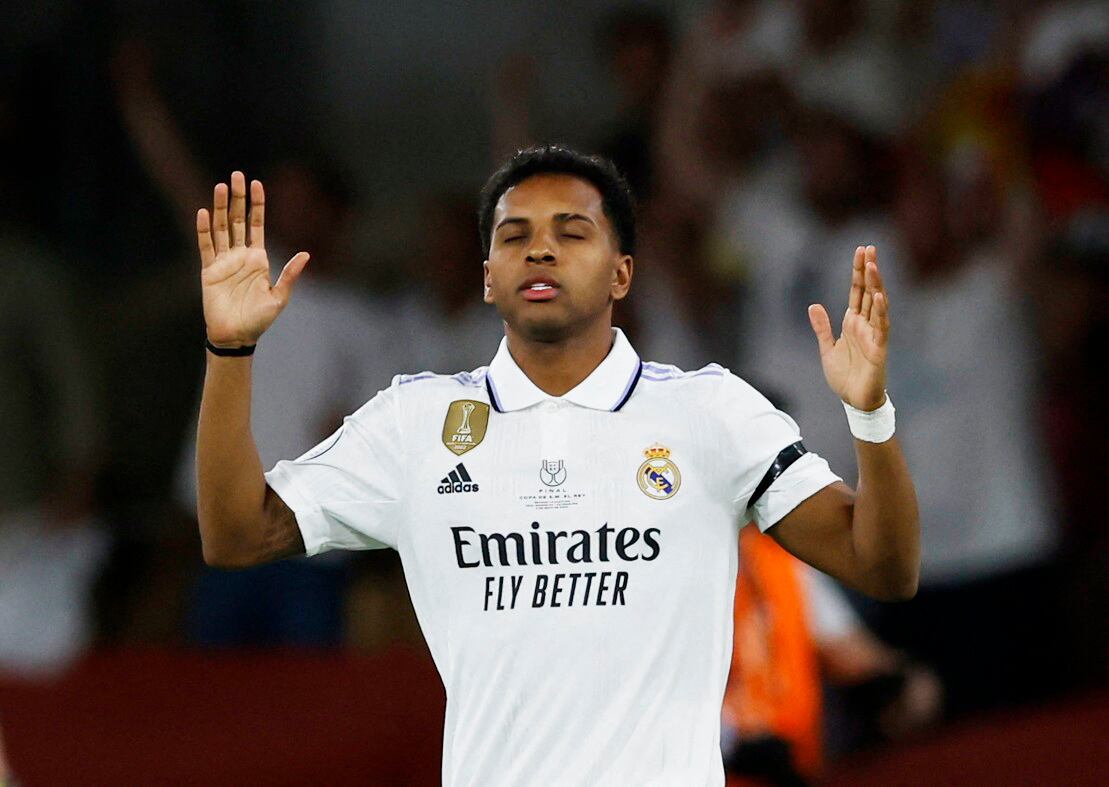 Soccer Football - Copa del Rey - Final - Real Madrid v Osasuna - Estadio de La Cartuja, Seville, Spain - May 6, 2023 Real Madrid's Rodrygo celebrates scoring their first goal REUTERS/Marcelo Del Pozo