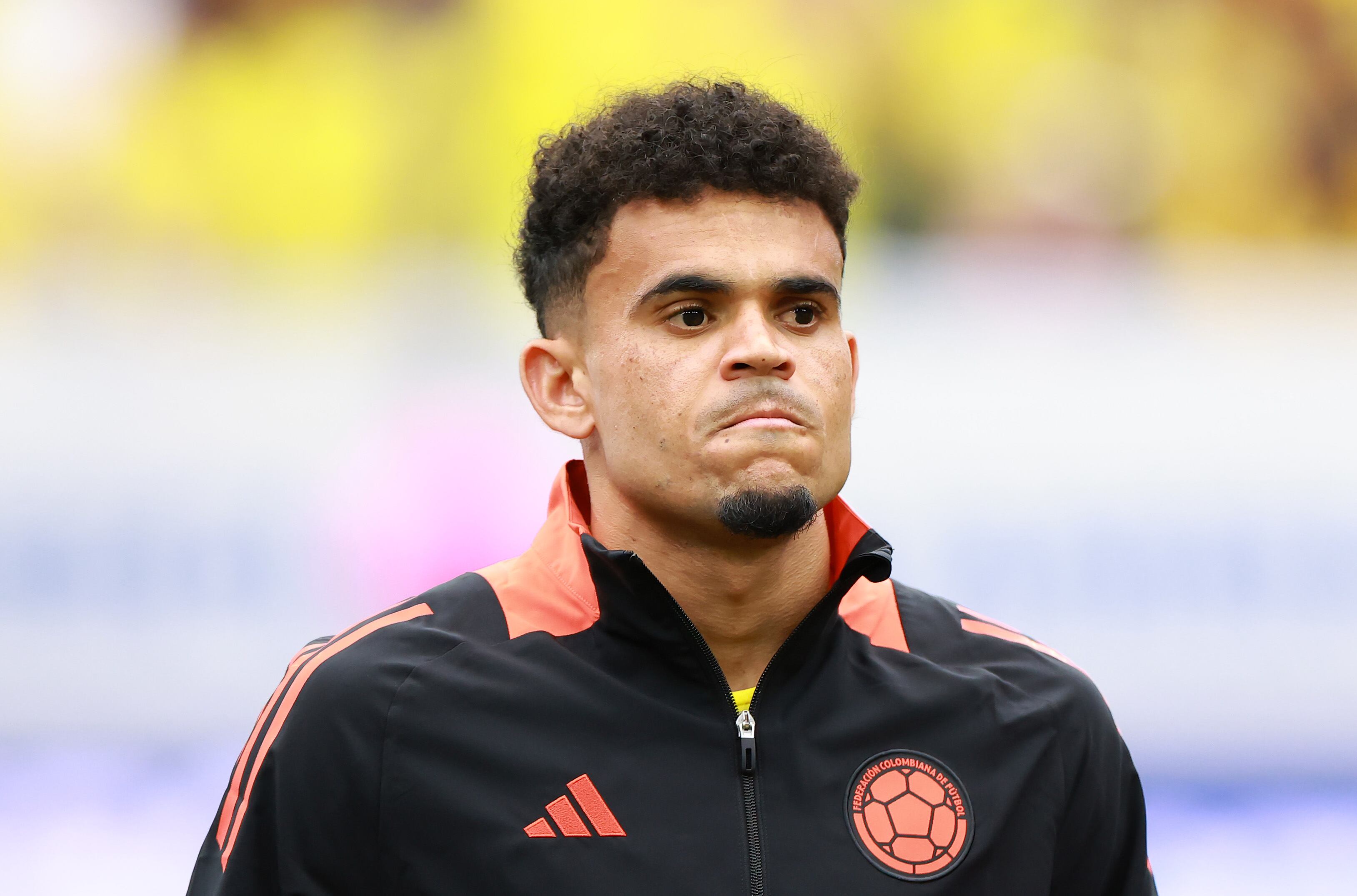 HOUSTON, TEXAS - JUNE 24: Luis Diaz of Colombia lines up prior to the CONMEBOL Copa America 2024 Group D match between Colombia and Paraguay at NRG Stadium on June 24, 2024 in Houston, Texas. (Photo by Hector Vivas/Getty Images)