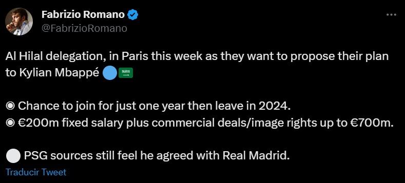 Fabrizio Romano sobre el futuro de Mbappé.