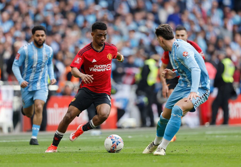 LONDON, ENGLAND - APRIL 21: Amad Diallo of Manchester United  during the Emirates FA Cup Semi Final match between Coventry City and Manchester United at Wembley Stadium on April 21, 2024 in London, England. (Photo by James Baylis - AMA/Getty Images)