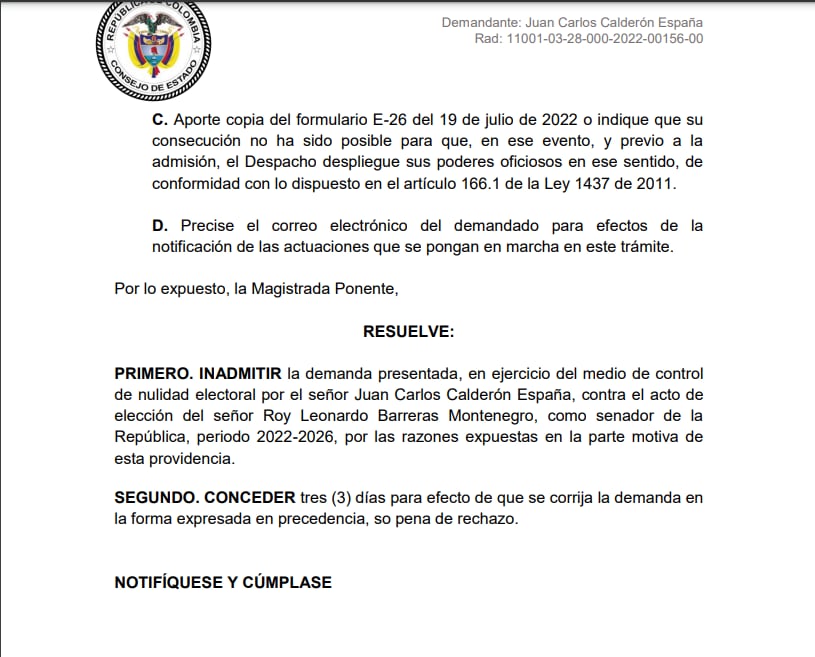 Consejo de Estado inadmitió la demanda contra la elección de Roy Barreras.