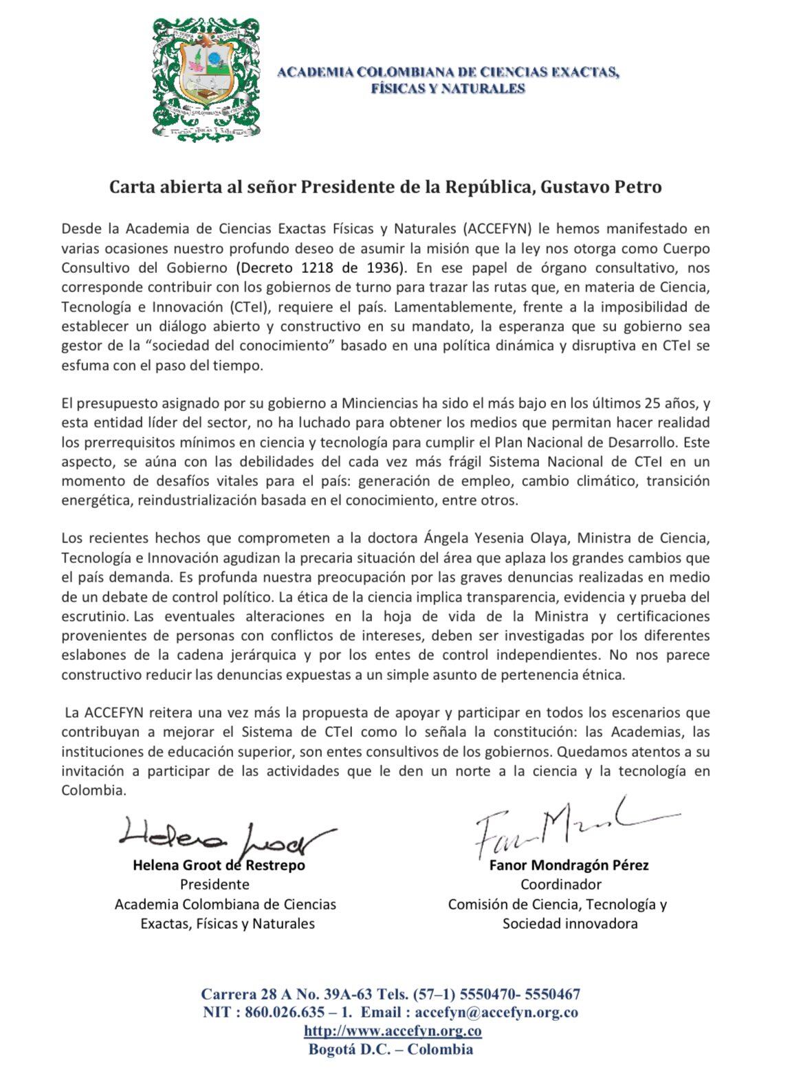 Esta es la carta que la Academia de Ciencias Exactas le envió a Gustavo Petro.