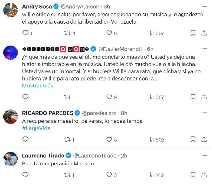 Mensajes de apoyo a Willie Colón por su estado de salud.