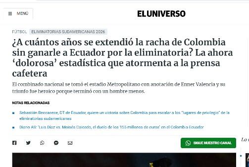 Prensa de Ecuador reacciona al triunfo ante Colombia en Barranquilla por Eliminatorias