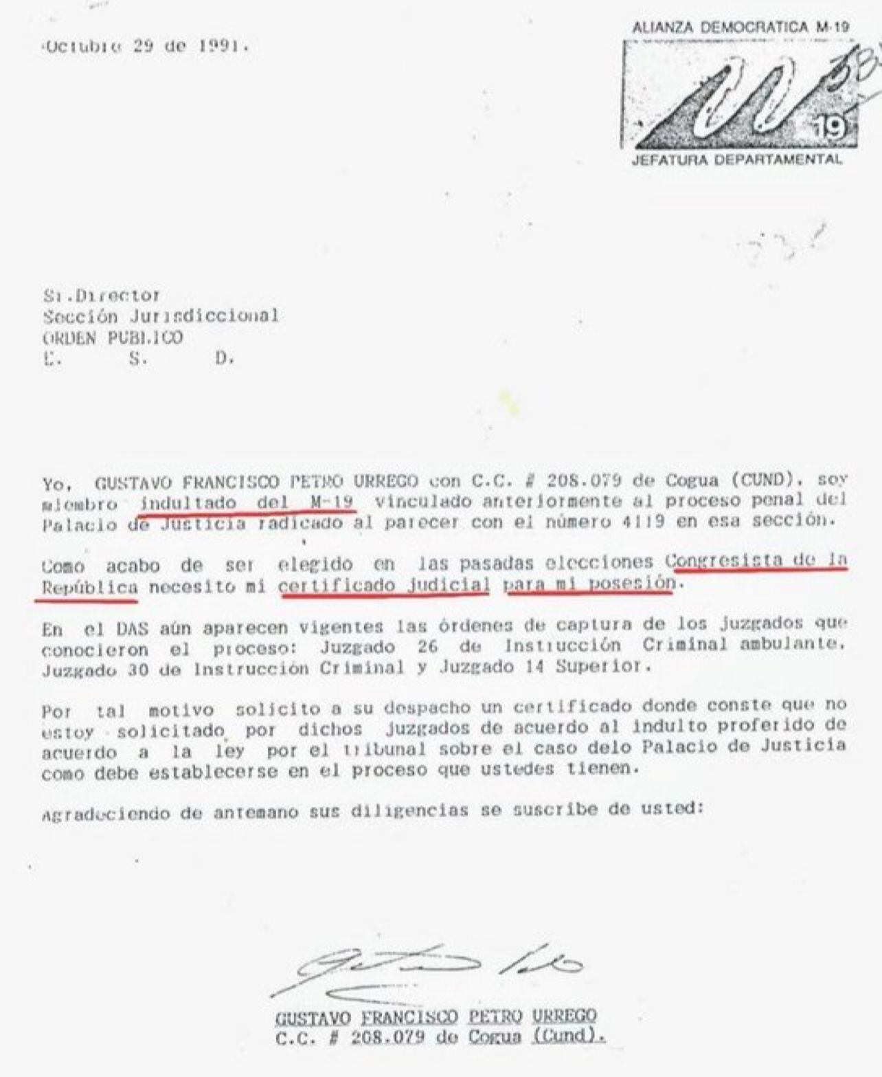 Esta es la carta de Gustavo Petro que confirma que fue indultado tras su paso por el M-19.