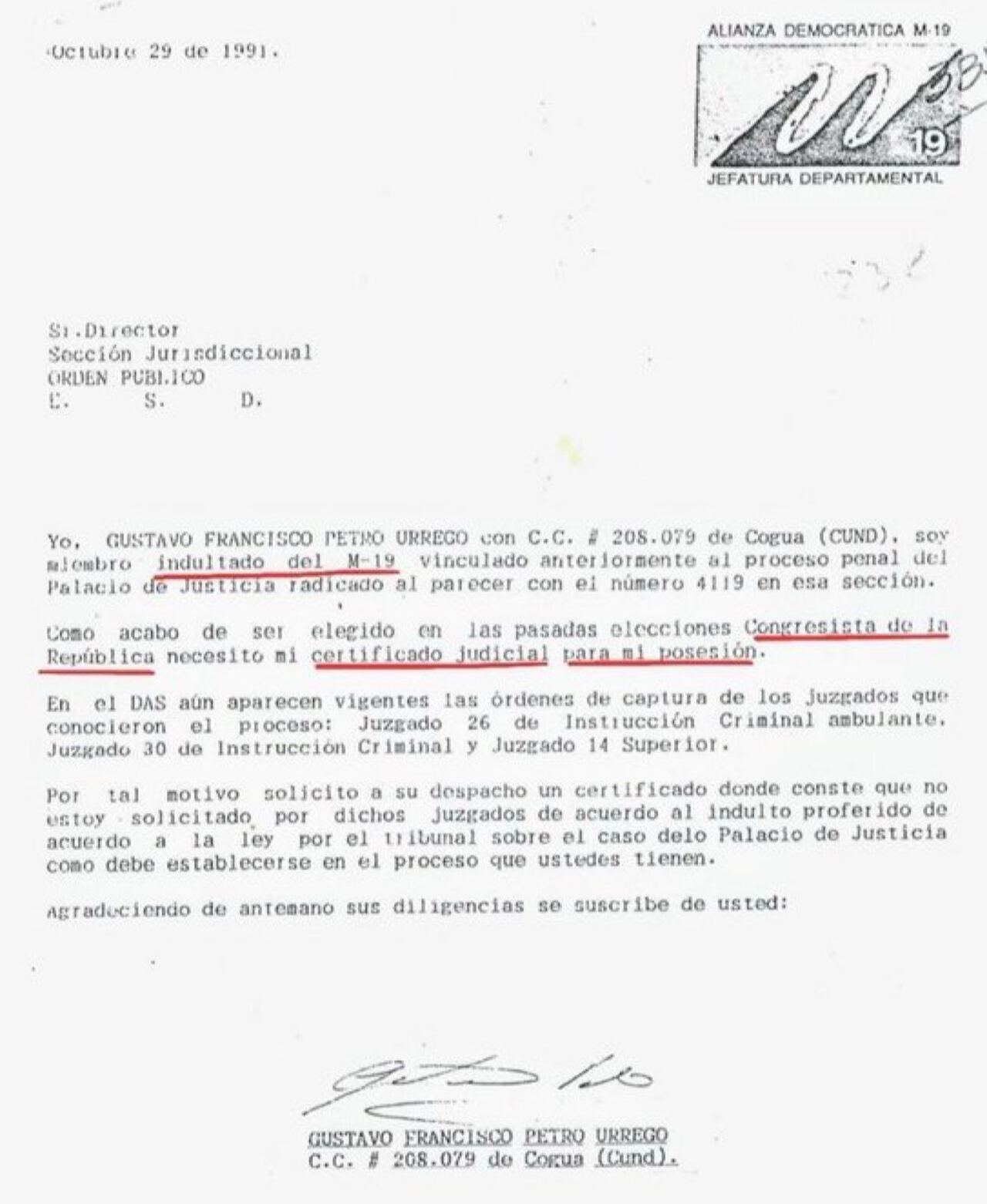 Esta es la carta de Gustavo Petro que confirma que fue indultado tras su paso por el M-19.