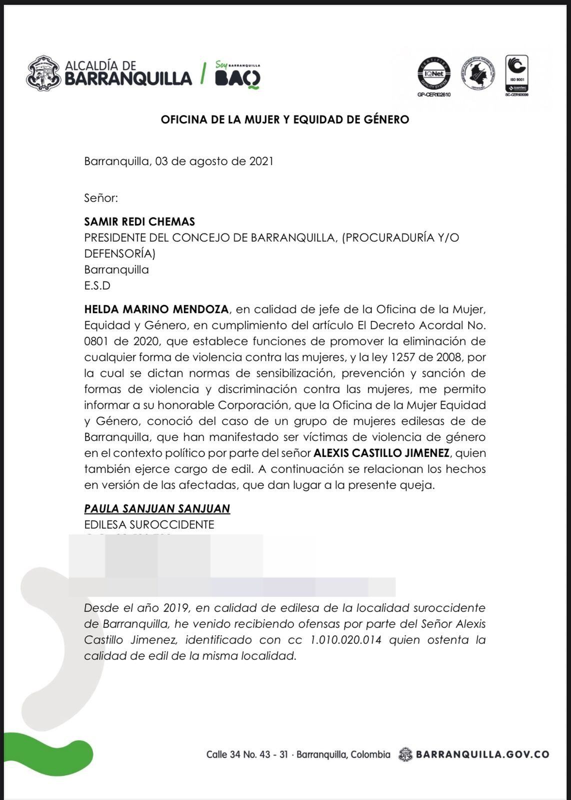 Documento enviado por la Oficina de la Mujer en 2021 al Concejo de Barranquilla.