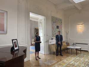 La embajadora de Finlandia en España, Sari Rautio; y el de Suecia, Teppo Tauriainen, en una sesión informativa en la Embajada de Madrid.
EMBAJADA DE SUECIA EN MADRID
18/5/2022