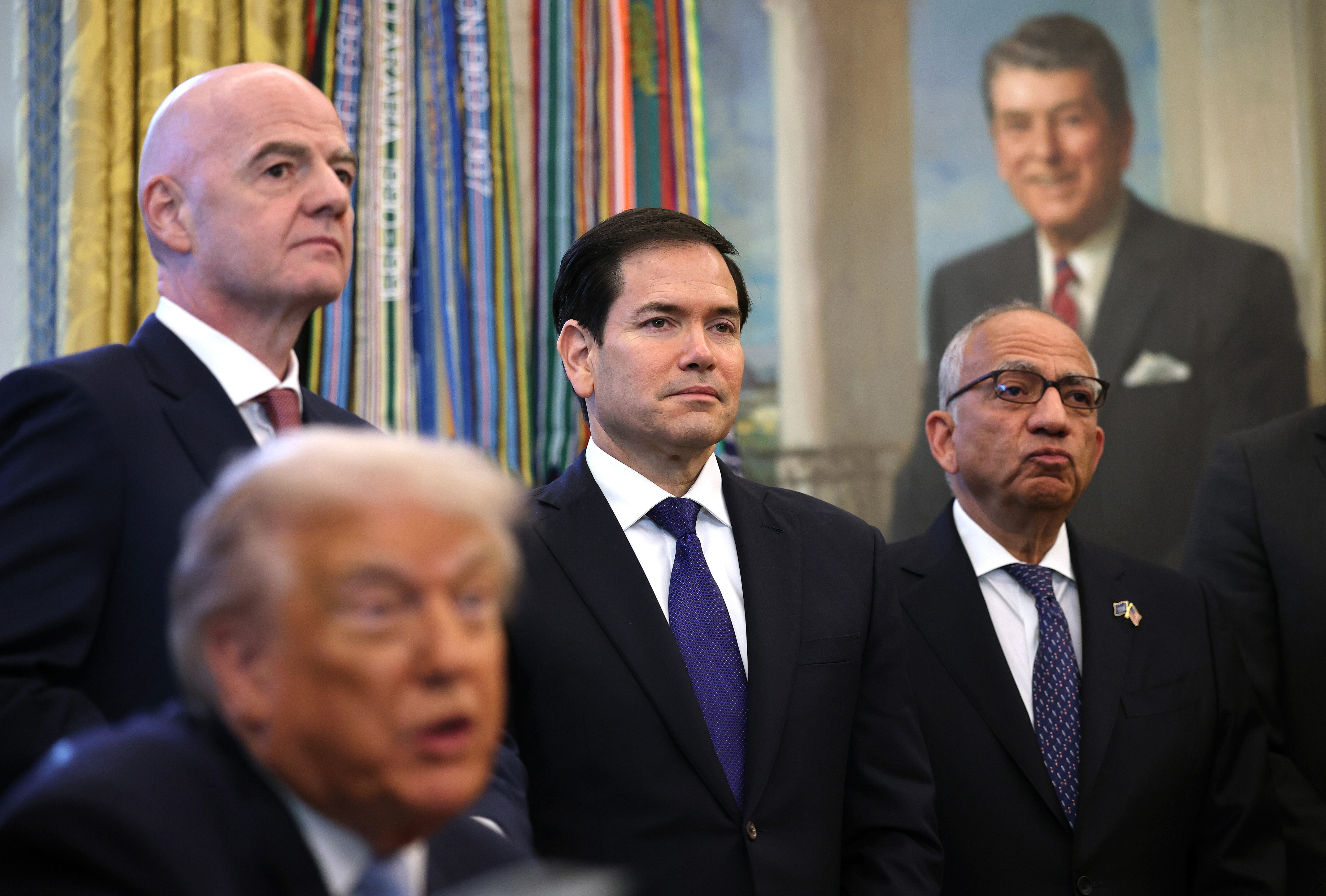 Gianni Infantino, Donald Trump, Marco Rubio y Carlos Cordeiro previo a la realización del Mundial 2026