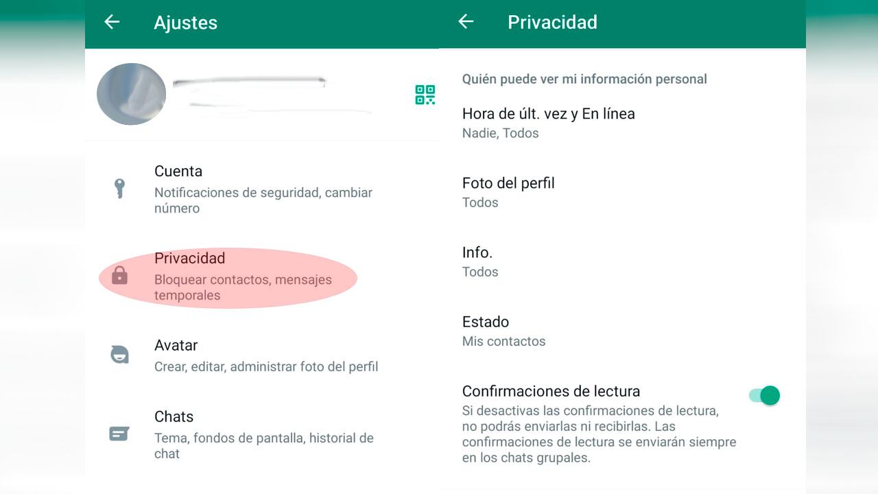 Menú de ajustes de privacidad de WhatsApp.