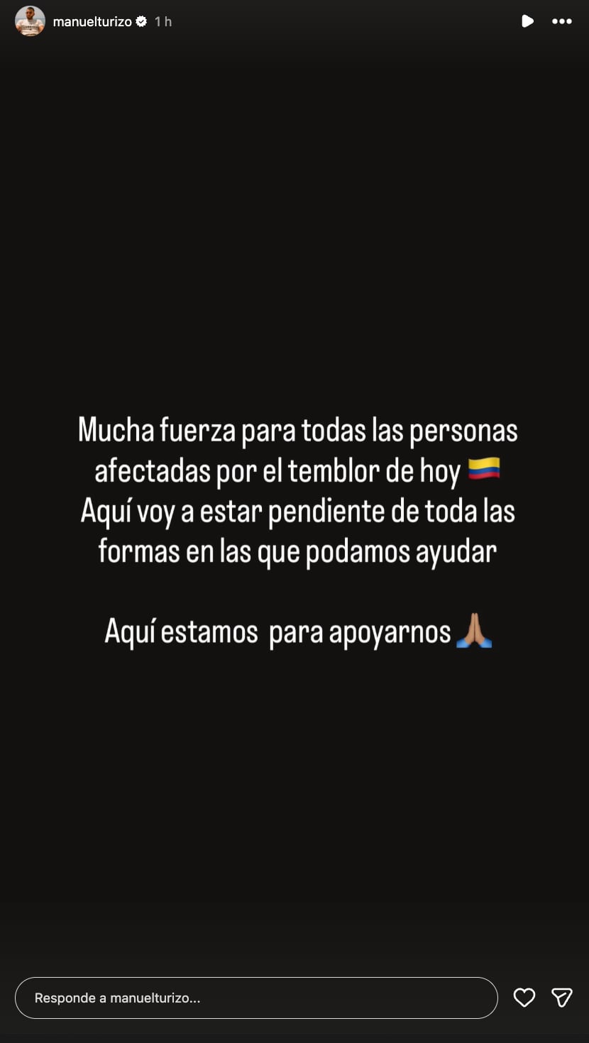 Manuel Turizo envía mensaje y ofrece ayuda por terremoto en Colombia.