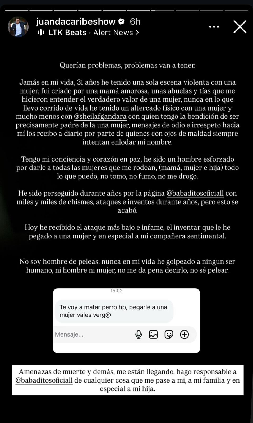 Juanda Caribe expuso amenazas de muerte y responsabilizó a reconocida página.