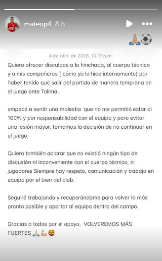 Comunicado oficial de Mateo Puerta tras lo ocurrido en el Tolima vs. Santa Fe.