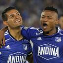 David Silva and Oscar Cortes of Millonarios celebrate the goal during the match against America de Cali on matchday 16 of the Liga BetPlay DIMAYOR I 2023 played at the Nemesio Camacho El Campin stadium in the city of Bogota. (Photo by Daniel Garzon Herazo/NurPhoto via Getty Images)