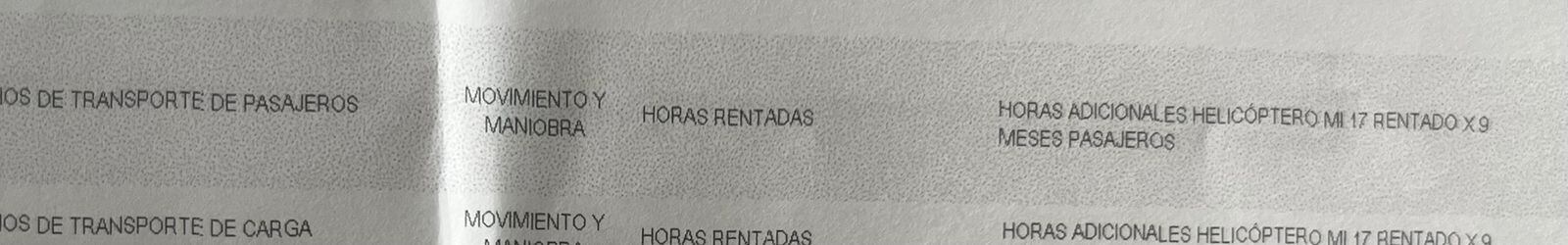 Documento que comprueba el alquiler privado de helicópteros MI-17 por parte del Ejército.