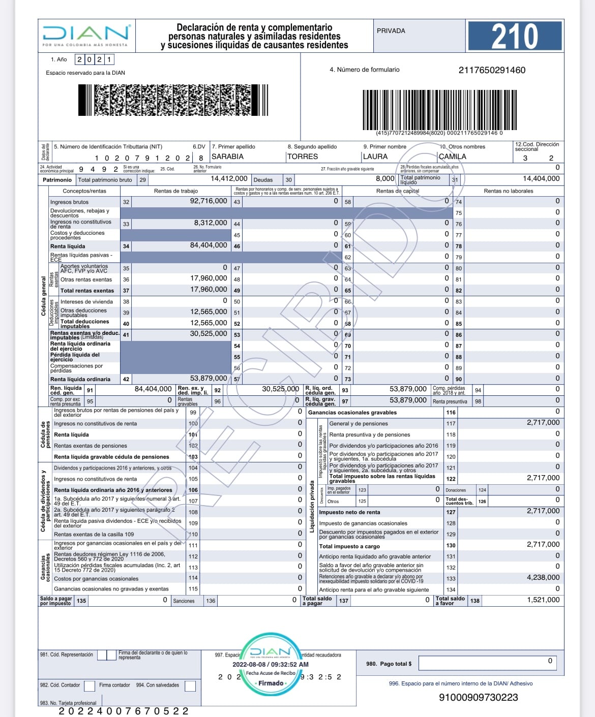 Declaración de renta Laura Sarabia 2021