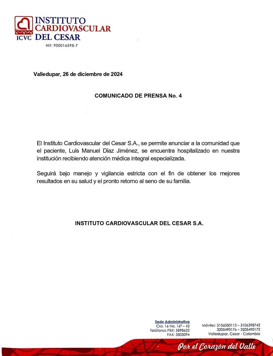 Parte médico sobre la salud de Mane Díaz, padre de Lucho