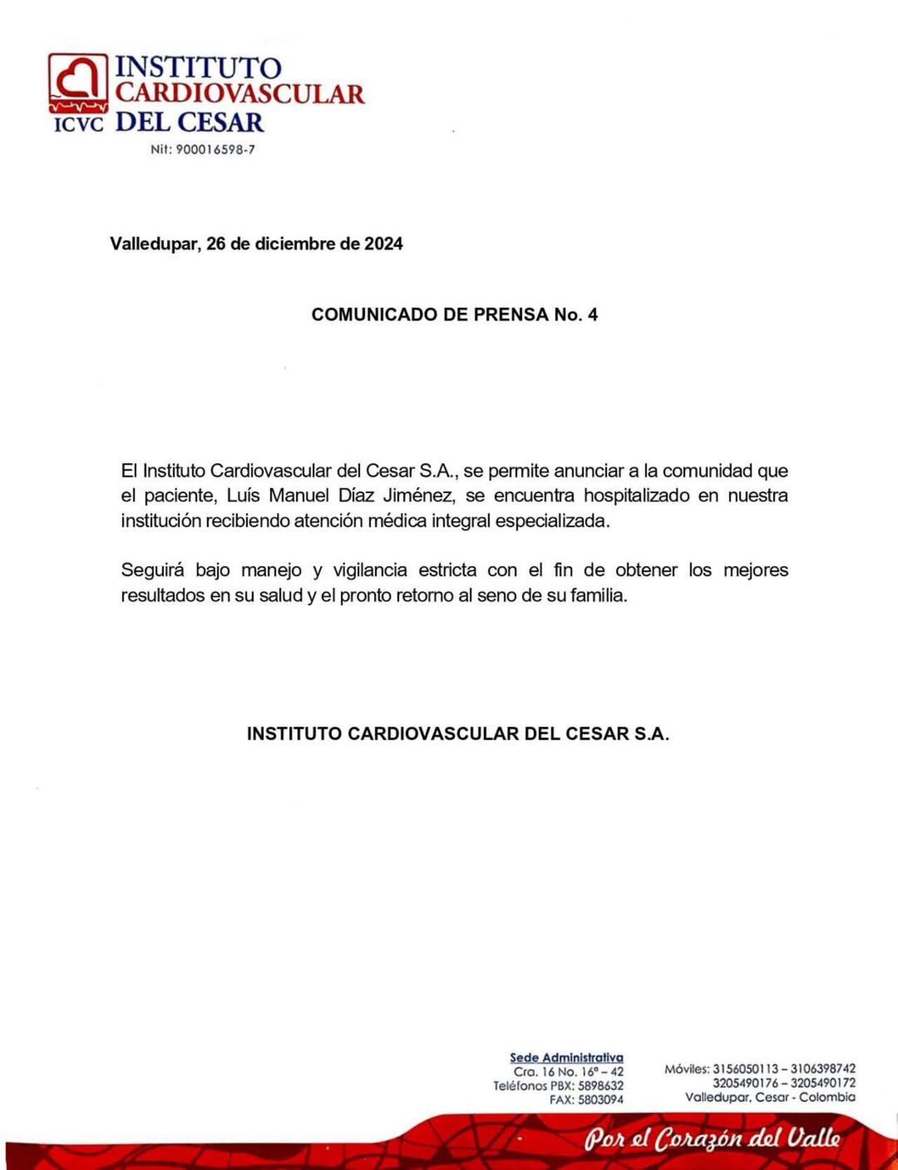 Parte médico sobre la salud de Mane Díaz, padre de Lucho