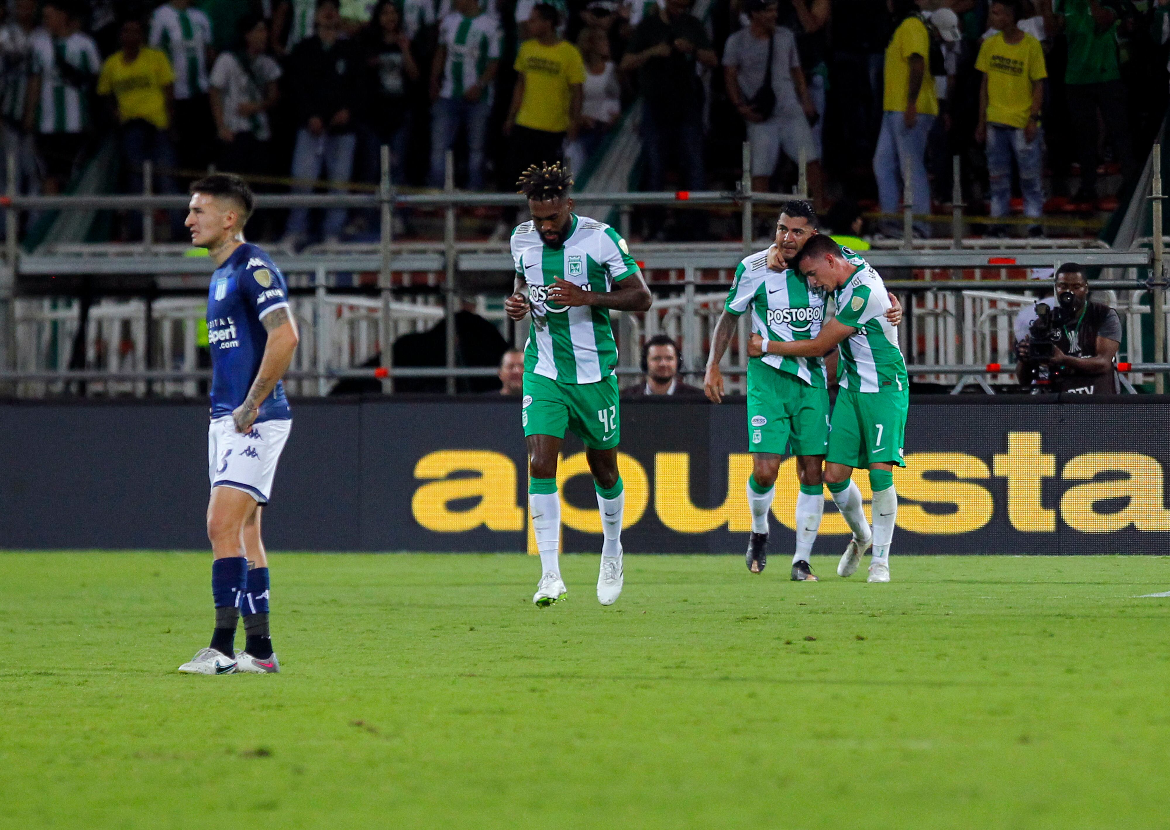 Atletico Nacional's forward Jefferson Duque (2-R) celebrates after scoring during the Copa Libertadores round of 16 first leg football match between Colombia's Atletico Nacional and Argentina's Racing Club at the Atanasio Girardot stadium in Medellin, Colombia, on August 3, 2023. (Photo by Fredy BUILES / AFP)
